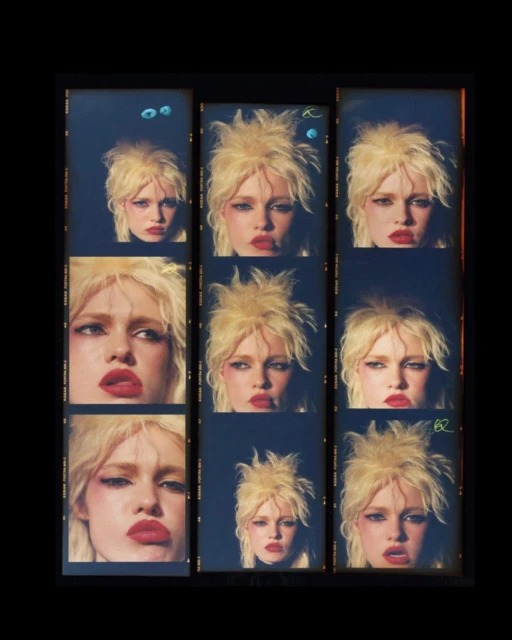 Editorial-style contact sheet featuring a blond woman with bold red lips in multiple headshot frames against a dark blue backdrop.