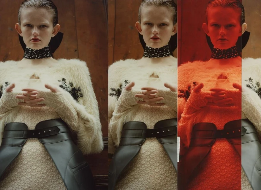 Woman poses in studio with multiple exposures, wearing cream sweater and choker against wood background with red color overlay.