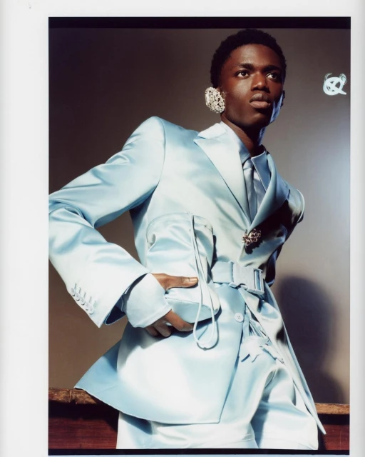 Portrait of a young Black male fashion model in a light-blue suit with a tie and jewelry, posing indoors in front of a grey wall.