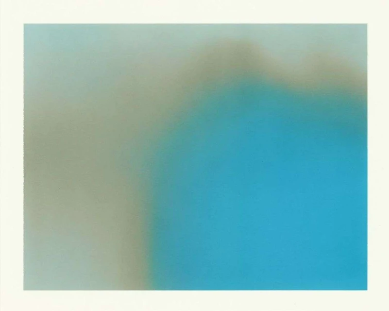 Abstract color field painting with blends of blue, grey and beige on a white background, created with soft gradients.