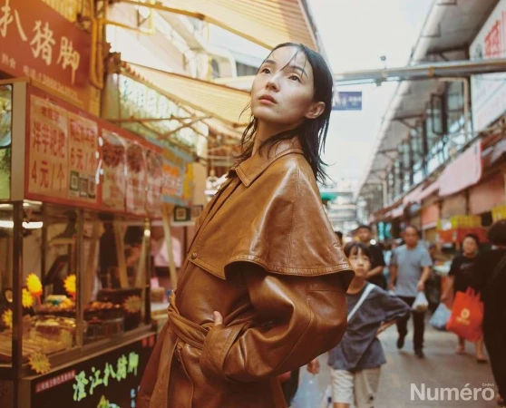 Adult woman in a brown leather coat looking up in an outdoor market with food stands and people in the background, fashion editorial.