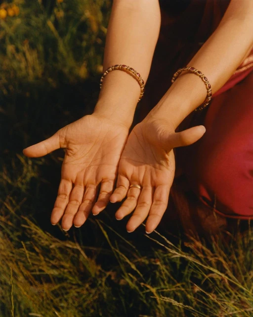 Close-up of a person's open hands with gold bracelets against a grassy background, bathed in warm sunlight, inviting and serene.