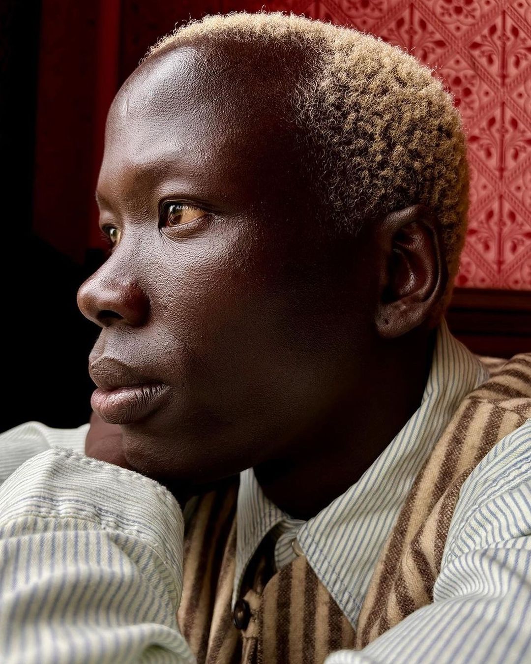 Portrait of an adult male with blonde hair wearing a striped shirt and vest, in front of a dark red patterned wall indoors.