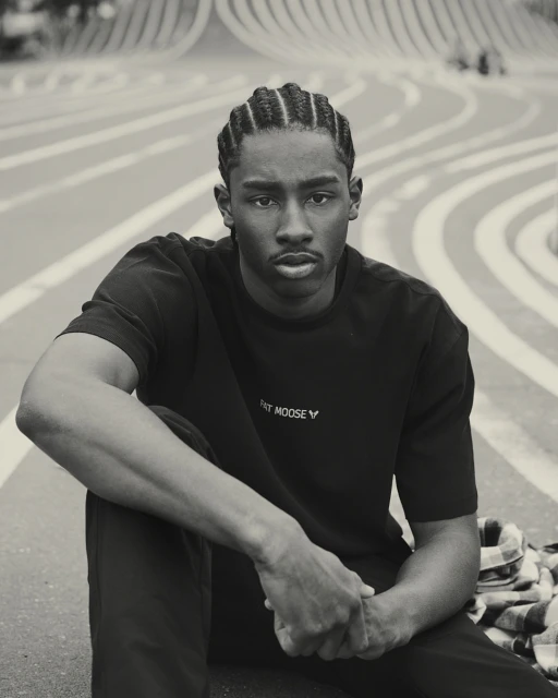Portrait of a young Black man with braided hair, wearing a black t-shirt, sitting outdoors with striped track lines in the background.