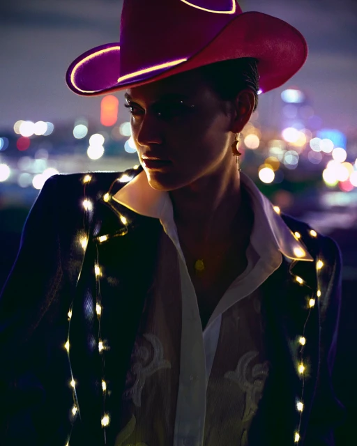 Glamorous woman in a cowboy hat adorned with fairy lights poses in front of a blurred city skyline at dusk.