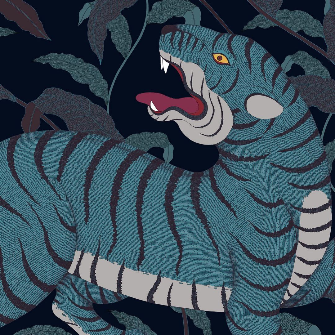 Illustration of a blue tiger with black stripes roaring, set against a backdrop of lush green leaves and a dark blue background.