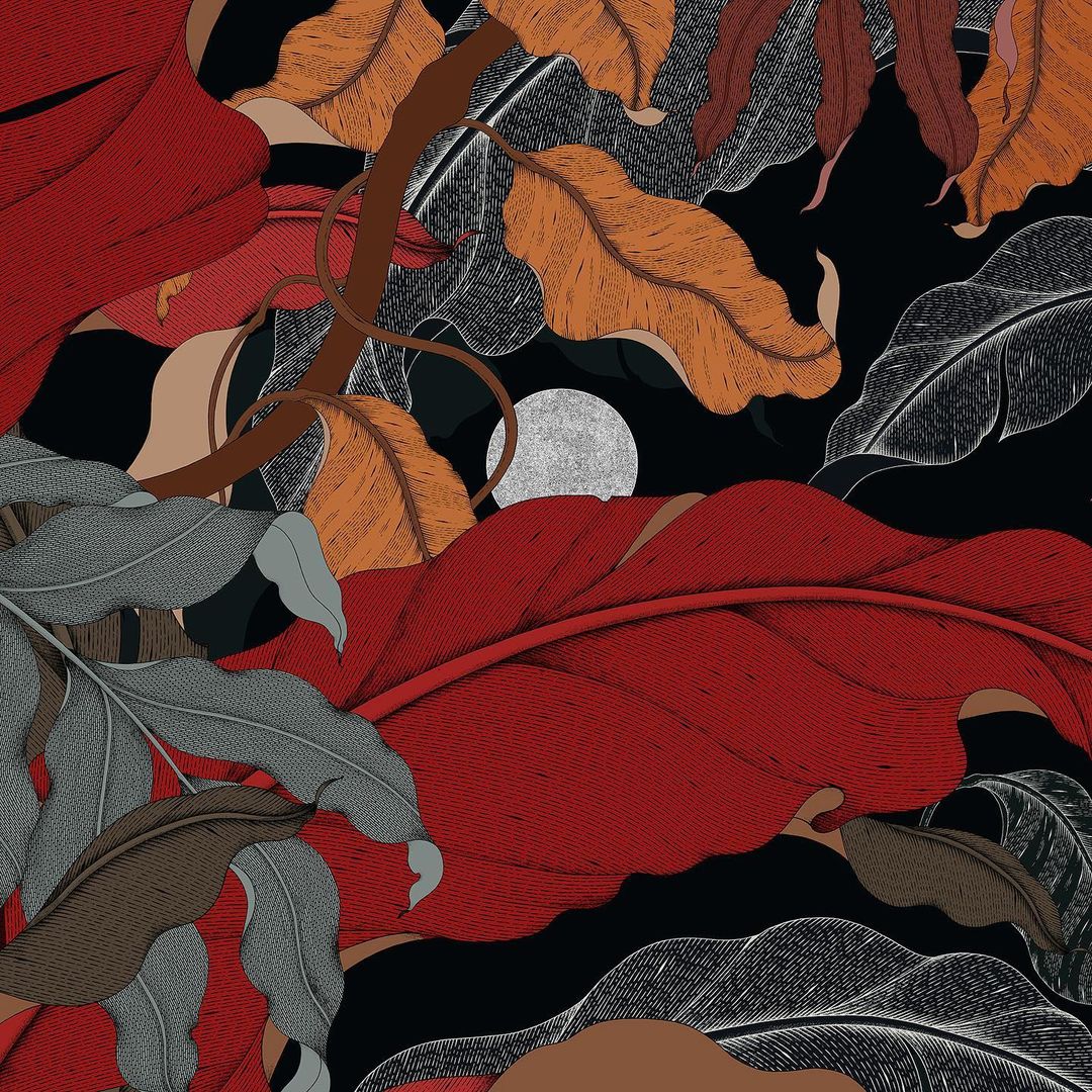 Botanical illustration features red, brown, grey, and orange leaves against a dark background with a hint of light, creating a natural art piece.