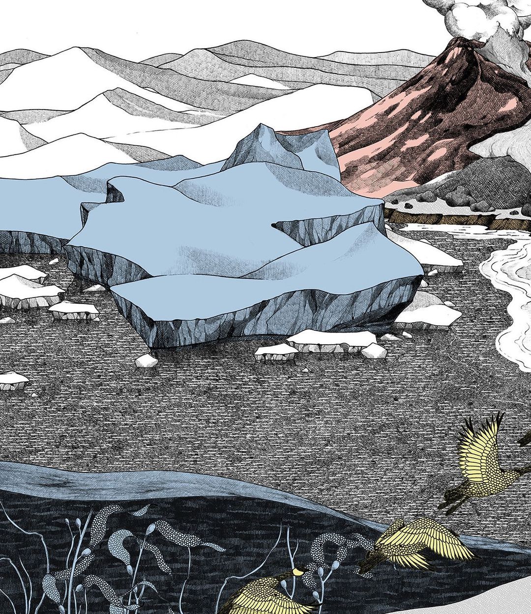 Illustration of icebergs in water, mountains in the background, and birds flying above dark water with aquatic plants.