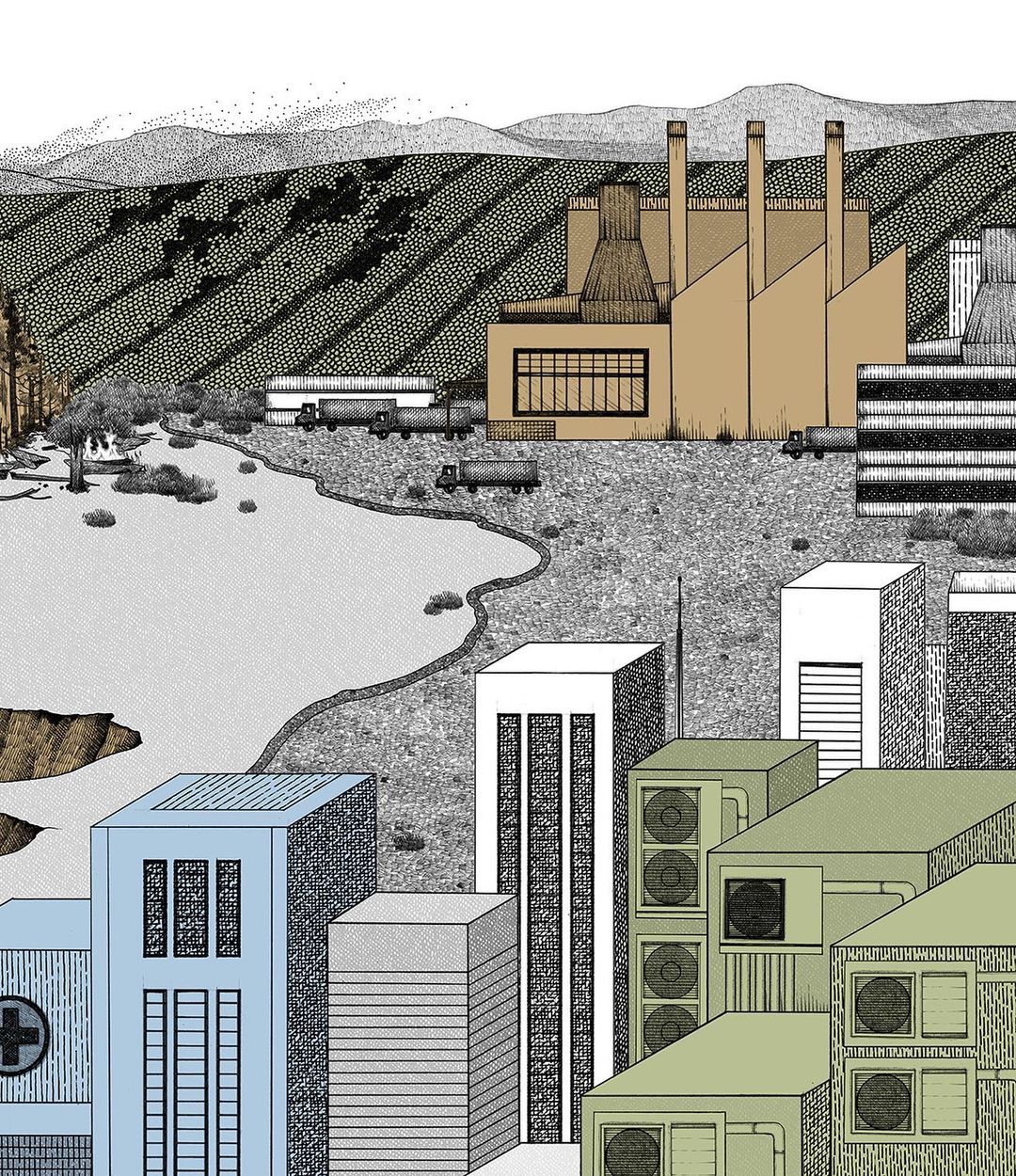 Stylized illustration of a city with various buildings, including industrial plants, set against a backdrop of fields and hills.