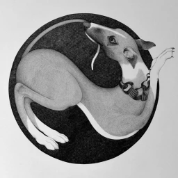 Detailed ink illustration of an Italian greyhound curled inside a circular frame by illustrator Suthipa Kamyam.