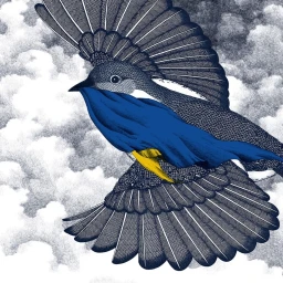 Detailed ink illustration of a bird flying against a textured sky background by Suthipa Kamyam.