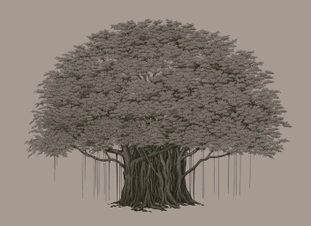 Detailed botanical illustration of a large banyan tree with hanging roots against a solid grey background by Suthipa Kamyam