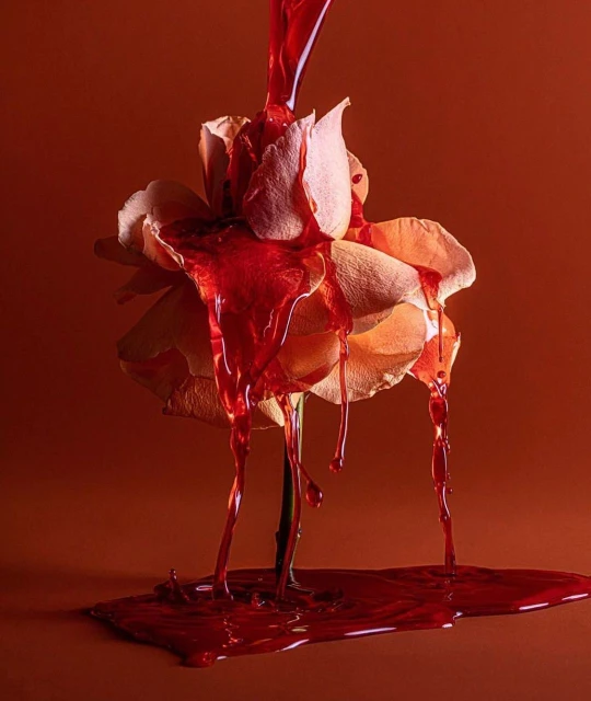A rose flower with red liquid pouring over its petals, creating a dramatic and striking visual against a monochromatic background.