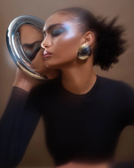 Portrait of a Black woman with blue eyeshadow and large earrings, holding a reflective silver tube. Beauty and fashion concept.