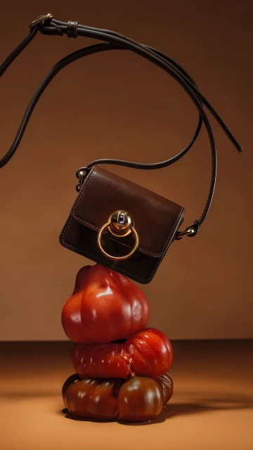 Studio shot featuring a designer dark brown leather crossbody bag balanced on a tower of ripe heirloom tomatoes against brown backdrop.