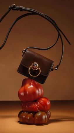Studio shot featuring a designer dark brown leather crossbody bag balanced on a tower of ripe heirloom tomatoes against brown backdrop.