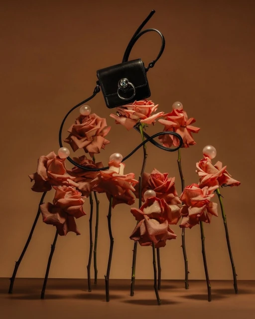 Fashion still life: A black leather purse floats above roses adorned with pearls against a warm brown background, creating an elegant composition.