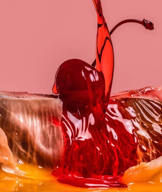 Close-up of a cherry with juice pouring onto a slice of citrus fruit, studio shot on a pink backdrop; food and beverage concept.