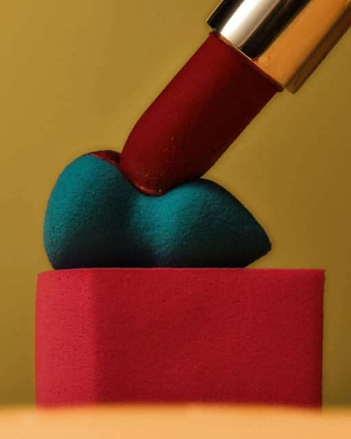 A red lipstick tube presses into a blue makeup sponge atop a pink block against a yellow gradient background, creating a beauty still life.