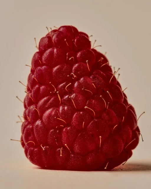 Close-up photo of a ripe red raspberry against a light background, highlighting its texture and color.