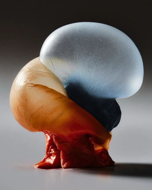 Abstract sculpture with blue, orange, and black rounded forms stacked vertically on a grey surface, modern art piece.