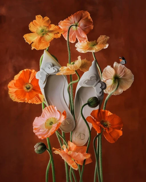 Cream Valentino Garavani flats are the primary subject, surrounded by orange and pink poppy flowers against a reddish-brown background.