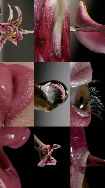 Abstract vertical collage featuring close-ups of pink flowers, human eye and tongue, and water droplets on gray and black backgrounds.