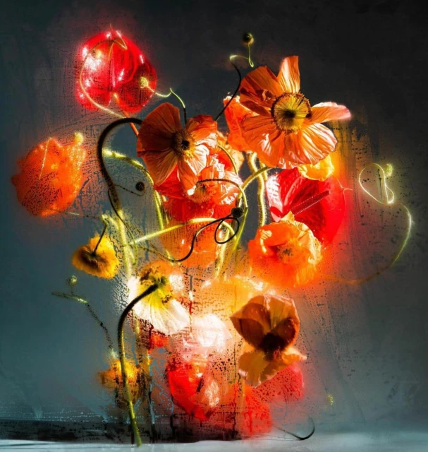 Close-up studio shot of a vibrant floral arrangement featuring red and orange poppies in a glass vase against a grey background.