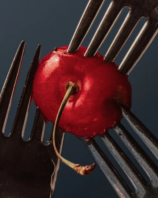 Close-up studio shot of a shiny, vibrant red cherry skewered by three silver forks against a dark blue background, still life.