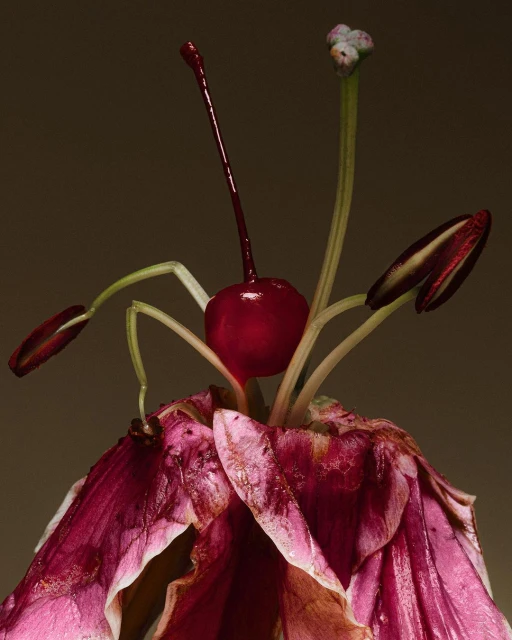 Close-up of a wilting pink lily flower with green stems and a red cherry positioned in its center against a brown background.