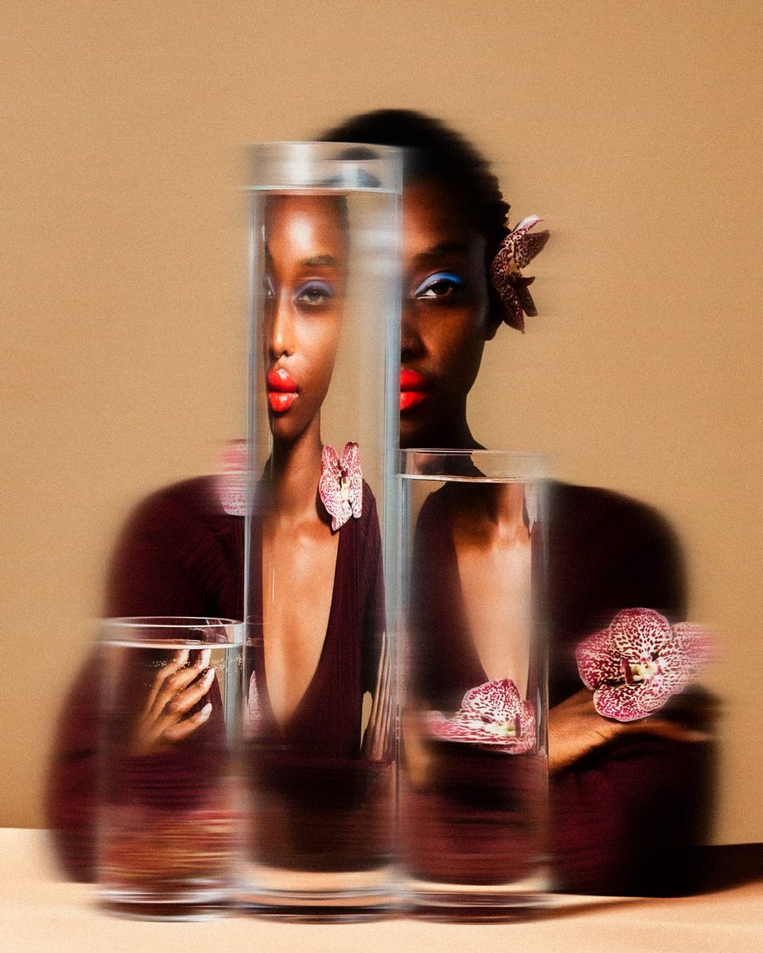Artistic studio portrait of a Black female model with orchid, refracted through water glasses, and burgundy dress on beige backdrop.