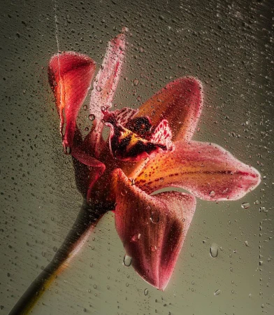 Macro photograph of a vibrant pink orchid covered in water droplets, set against a blurred olive-green backdrop.