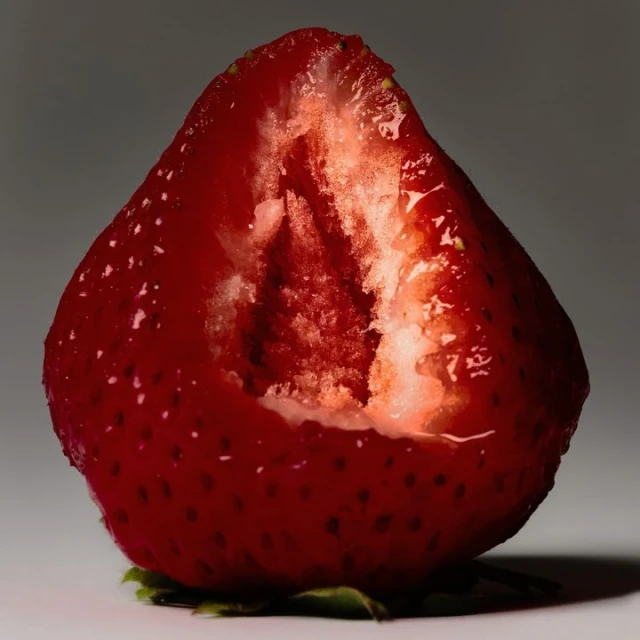 Close-up shot of a strawberry cut in half. The vibrant red fruit contrasts with the grey background. The strawberry's seeds are visible.