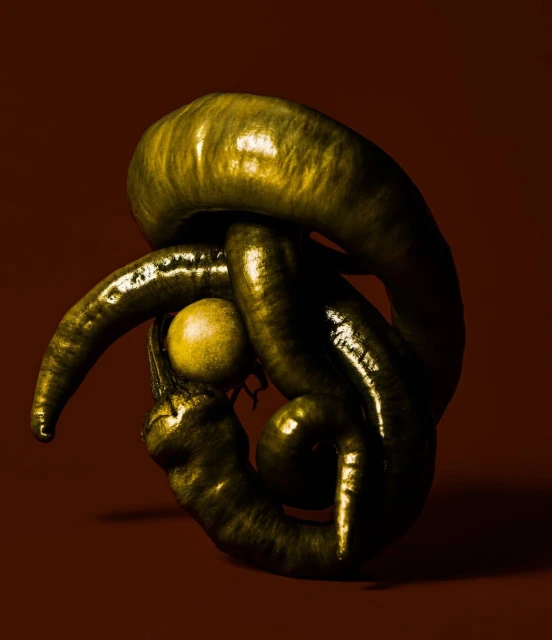 Abstract still life featuring twisted green chili peppers and a single yellow lemon in a close-up studio shot with a dark brown background.