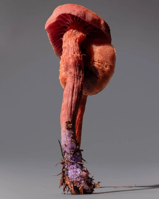 Close-up studio shot of a vibrant coral-colored mushroom with purple hues at the base, showcasing its intricate gills and textures.