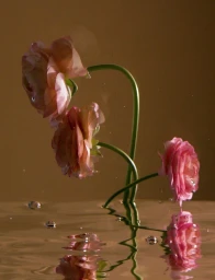 Three pink ranunculus flowers submerged or floating near a reflective golden surface with water droplets.