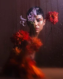 Portrait of a person behind a rain-streaked glass, partially obscured by red and purple flowers by Suzanne Saroff