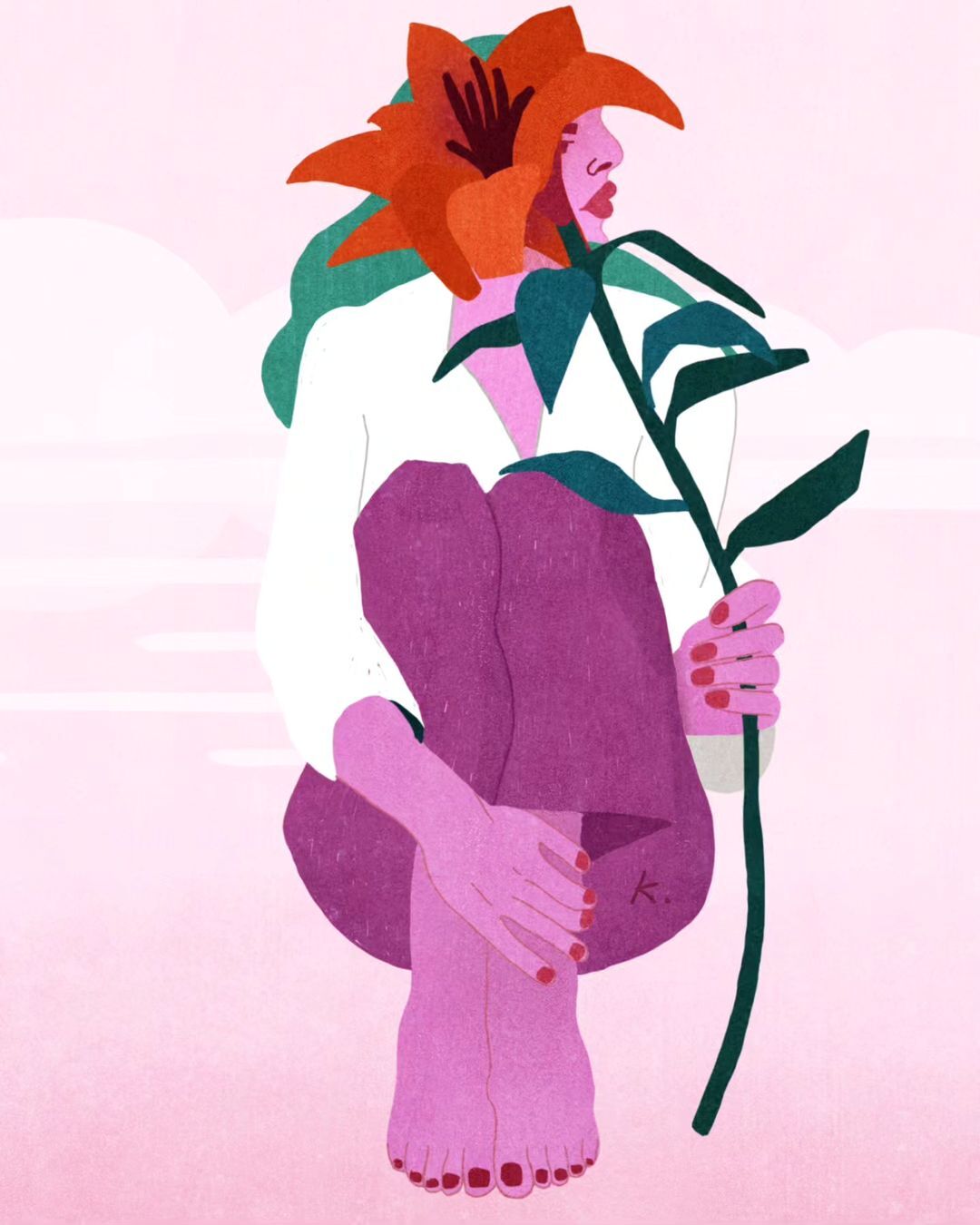 Illustration of a woman with a flower over her head, seated with her knees drawn up, embracing a leafy branch against a pink backdrop.