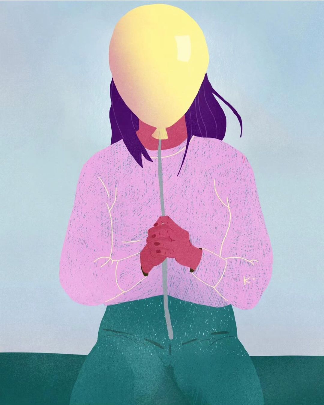 Illustration of a person holding a yellow balloon in front of their face, wearing a pink sweater and green pants, on a light blue background.