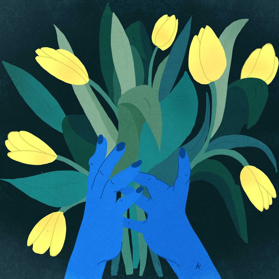 Illustration of a blue-skinned person's hands holding a bouquet of bright yellow tulips with green leaves against a dark green background.