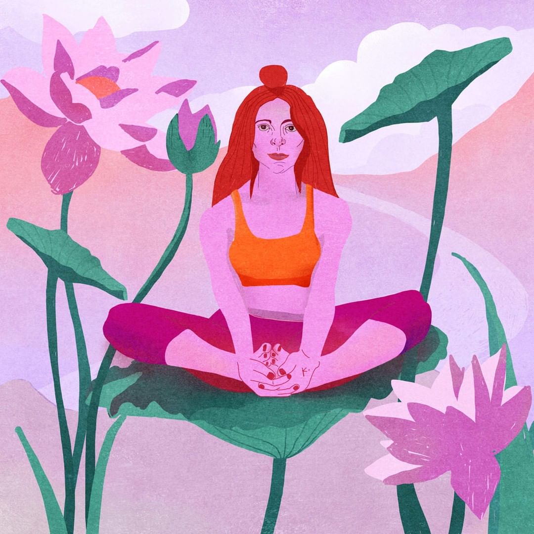 Illustration of a woman with red hair in yoga pose on a lotus leaf, surrounded by pink lotus flowers against a lavender background.