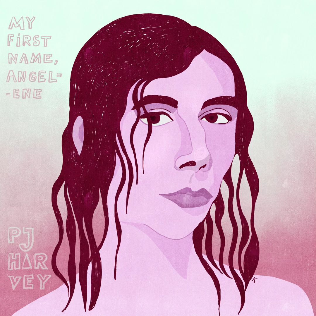 Illustration of a person with shoulder-length dark hair against a gradient backdrop with album title text, capturing an artistic portrait.