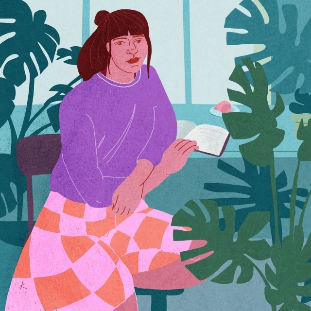 Illustration of a woman with auburn hair in a purple sweater and checkered pants, sitting surrounded by houseplants in daylight.