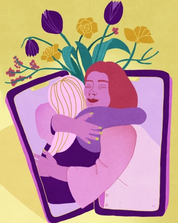 Illustration of two women embracing in a virtual hug shown on a phone screen with flowers, set against a yellow and green background.