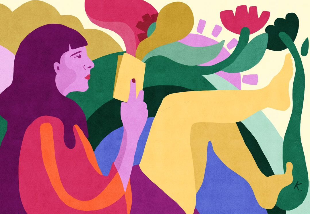 Illustration of an adult female with dark hair reading a yellow book, colorful abstract flowers and plants in the background.