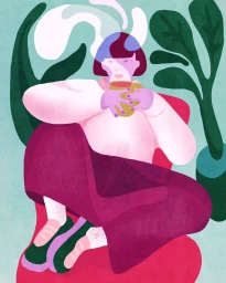 Digital illustration by Sylwia Kubus of a woman drinking from a mug while seated in a pink chair surrounded by potted plants.