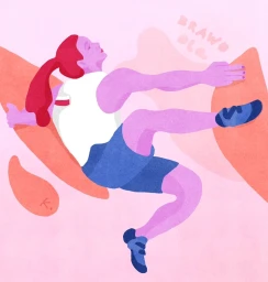 Illustration of a woman rock climbing on a pink abstract background by illustrator Sylwia Kubus