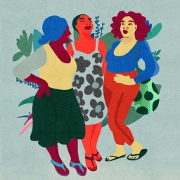 Digital illustration of three diverse women standing together against a pale green foliage background by Sylwia Kubus