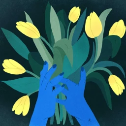 Digital illustration by Sylwia Kubus showing bright yellow tulips held by vibrant blue hands against a dark background