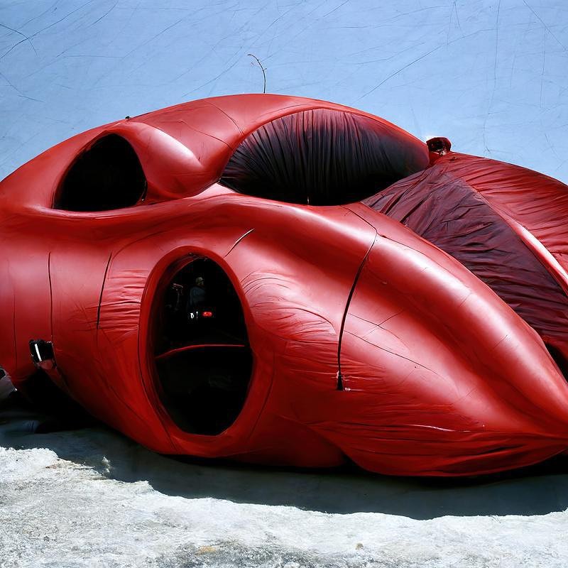 Abstract, futuristic, red inflatable structure against a bright blue sky and pale ground, creating an unusual architectural scene.